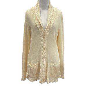 Lauren Ralph Lauren Cardigan Sweater size XL Cream Linen Ruffle Cable Knit Boho